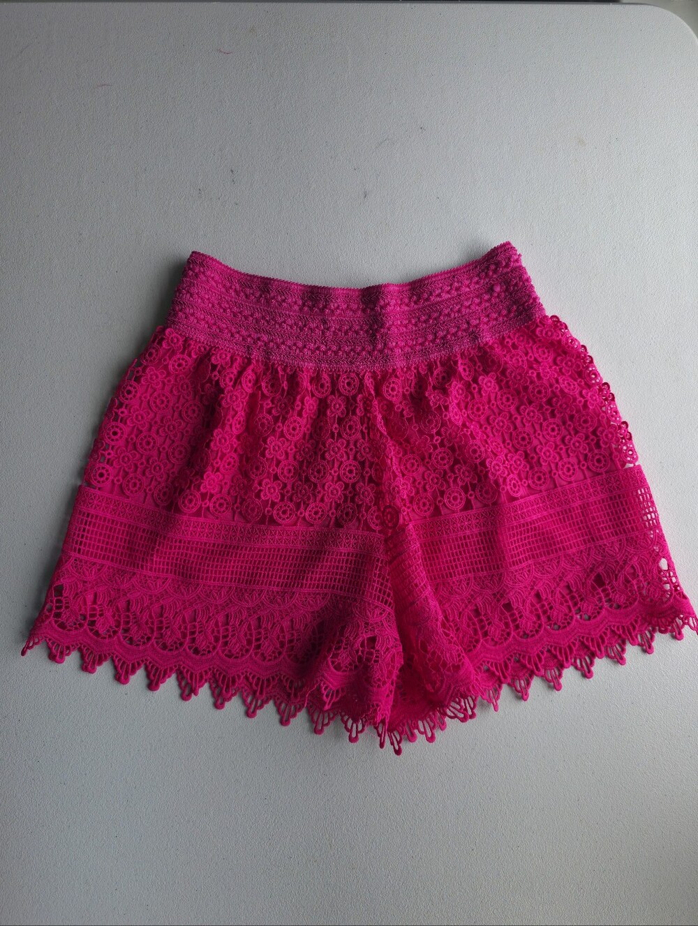 New Mix Hot Pink Crochet Lace Barbiecore Shorts Boho Festival Smocked Waist